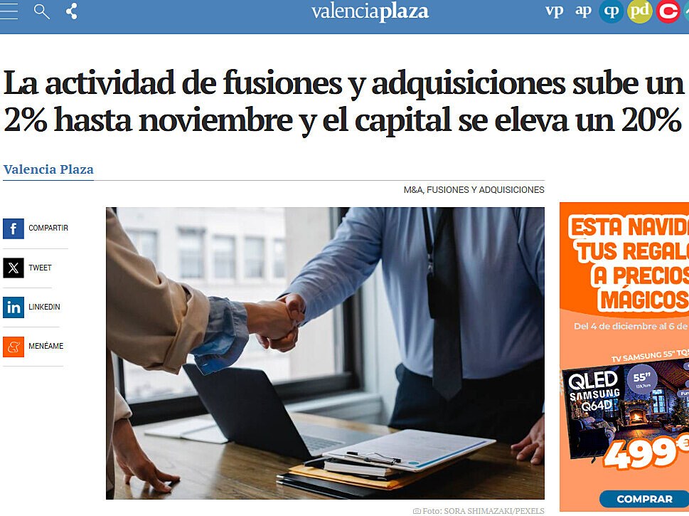 La actividad de fusiones y adquisiciones sube un 2% hasta noviembre y el capital se eleva un 20%